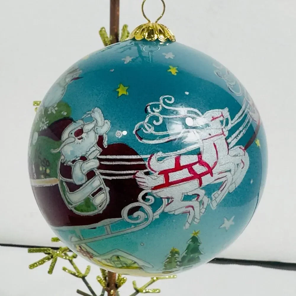 Pier 1 Li Bien 2009 Glass Ornament Santa Sleigh Reindeer Ho Ho Ho Inside Painted
